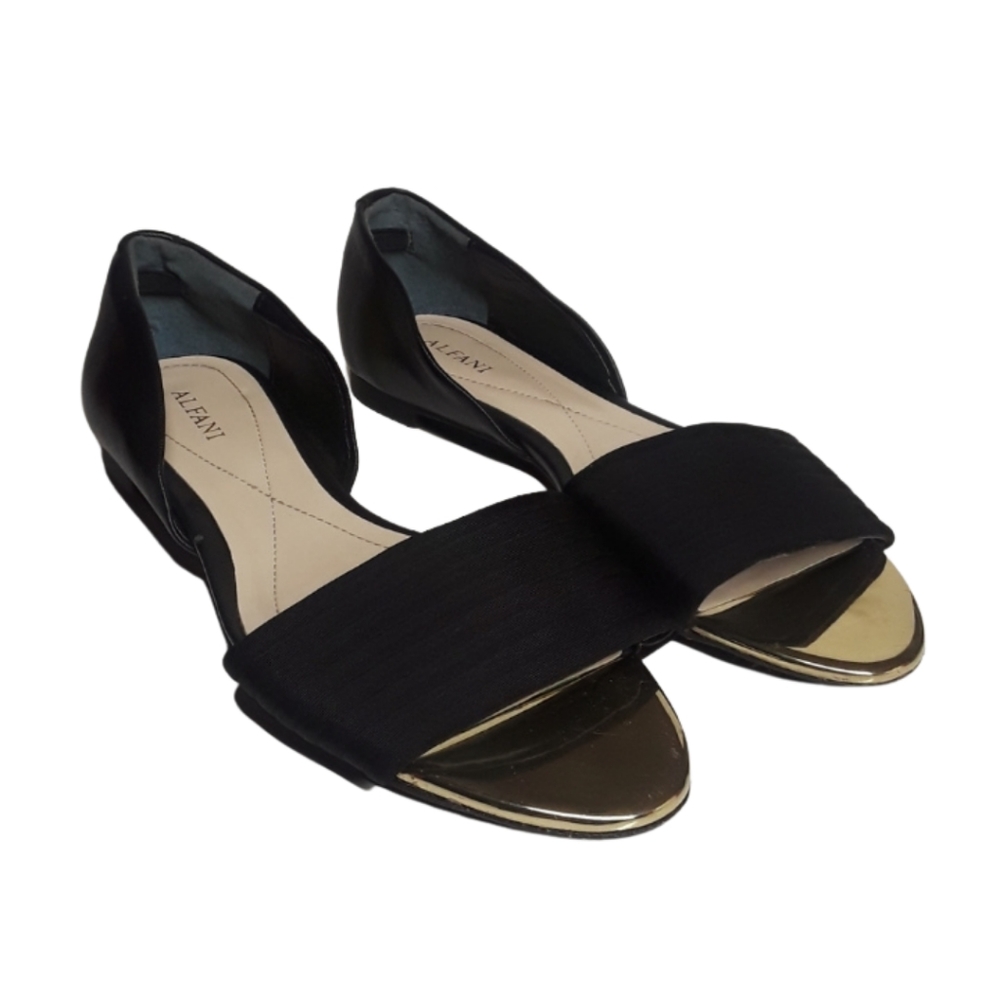 ALFANI Metallic Gold Open Toe Black Sandal Flats 5.5